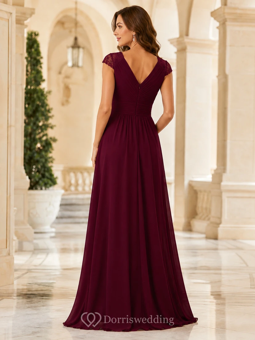 Burgunderrotes Chiffon-Abendkleid mit kurzen Ärmeln, V-Ausschnitt und bodenlang view 2