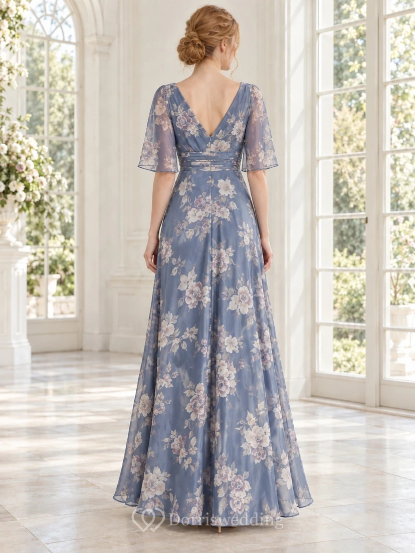 Slate Blue Floral Print Modest V-Neck Flutter Sleeve Floor-Length Chiffon Bridesmaid Dress view 2