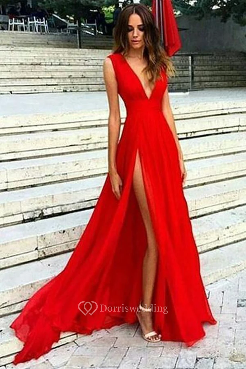 Vestido de gasa de corte A con escote en V, sin mangas y cremallera, con espalda baja en V.
