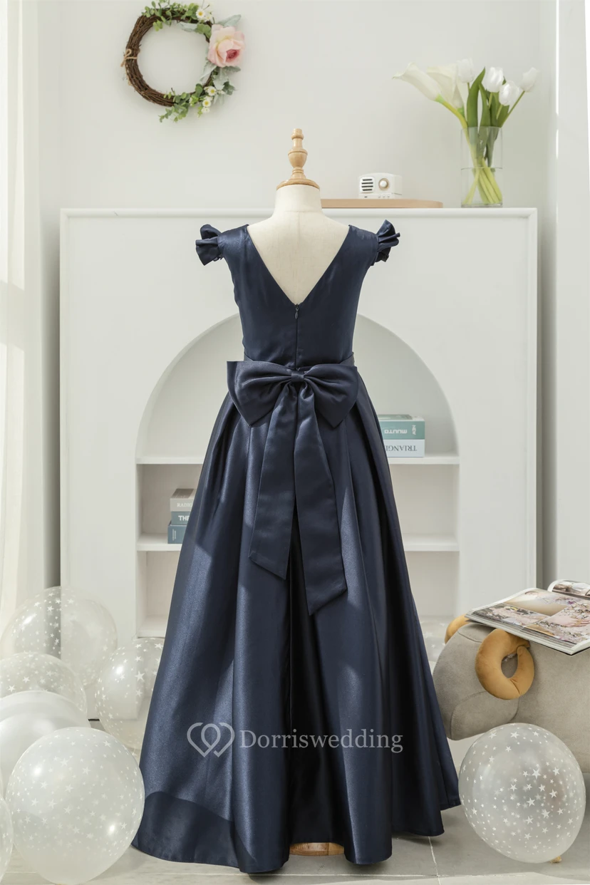 Satin Solid Cap Scoop-neck A-line Floor-length Flowergirl Dress with Low-v Back view 2