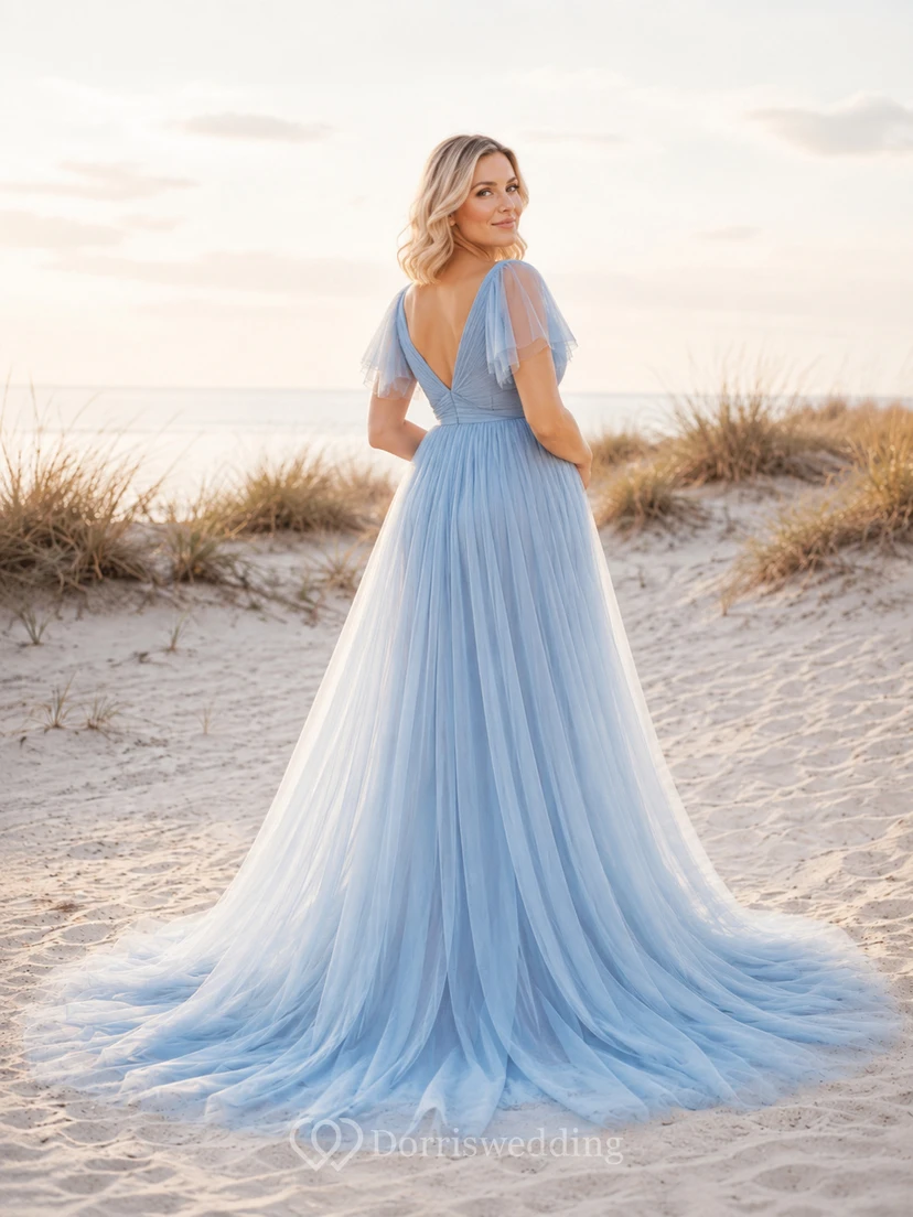 Strandkleid aus Tüll, Umstandsmode, stahlblau, A-Linie, bodenlang, mit Schleppe, V-Ausschnitt, kurzen Ärmeln, ätherisch, romantisch, für festliche Anlässe view 2