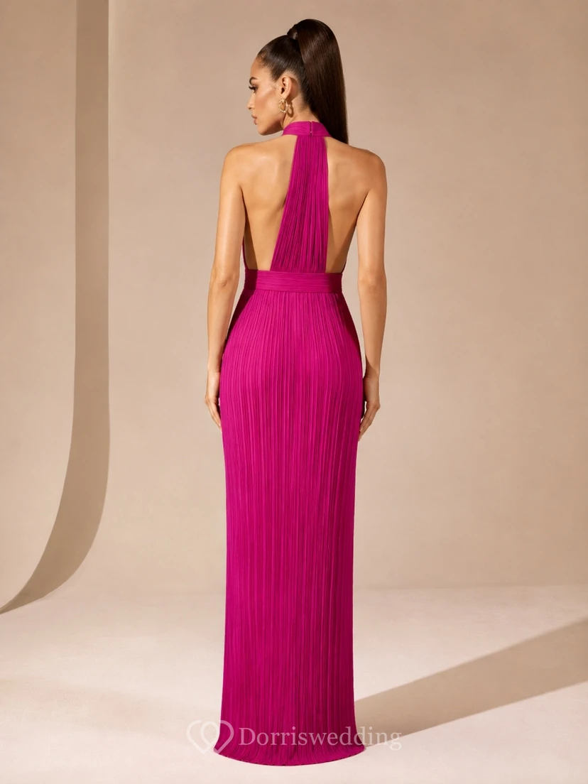 Fuchsia Halter Sleeveless Ruched Split Sheath Evening Dress view 2
