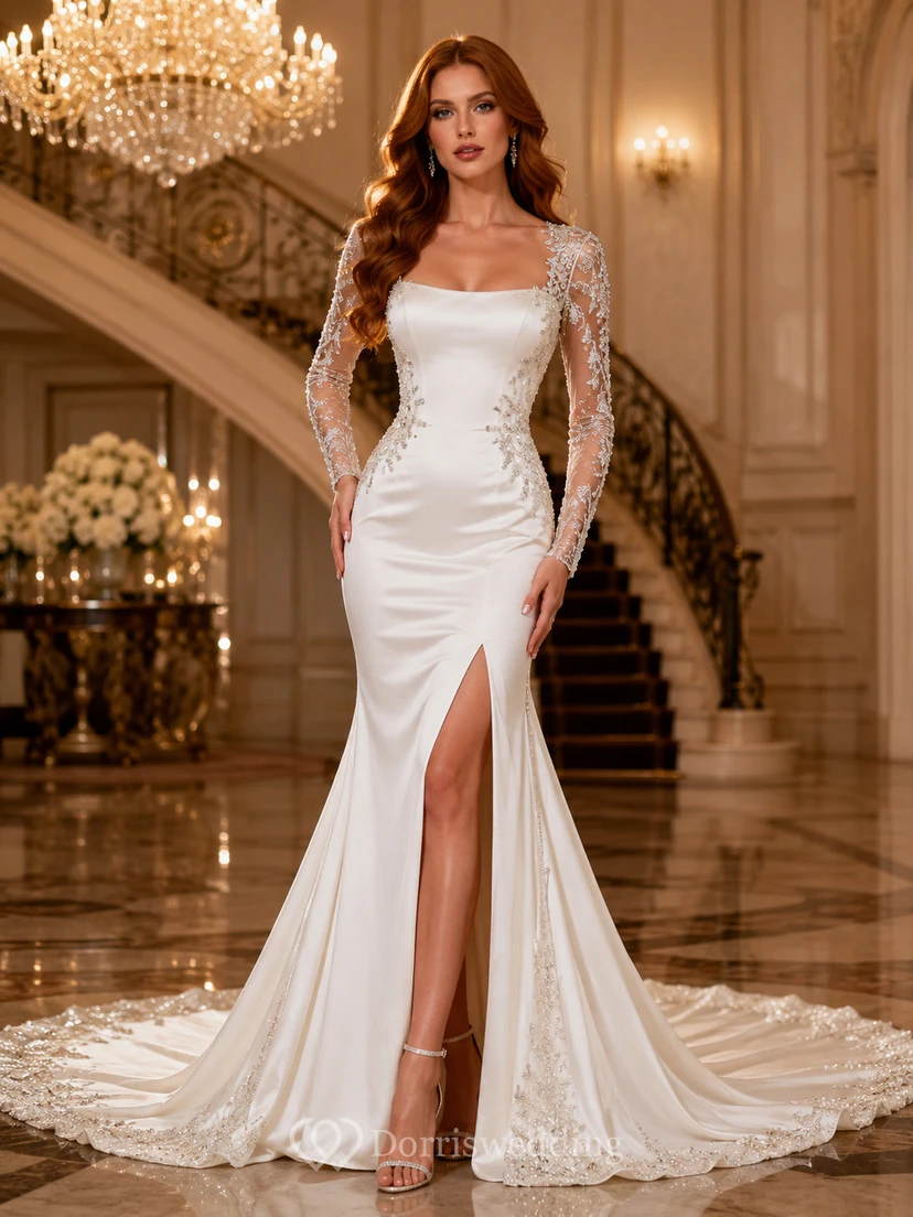 Vestido de novia de encaje satinado, corte sirena, escote cuadrado, manga larga, cola capilla con abertura.
