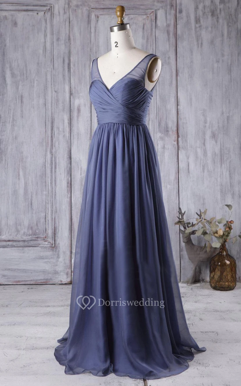 V Neck V Back Pleated A-line Chiffon Long Dress Brush Train view 2