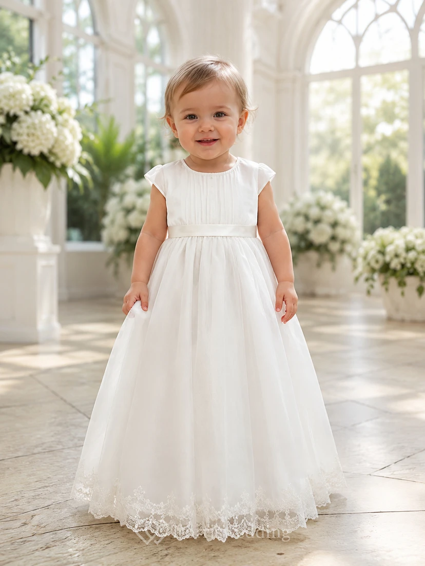Baby-Taufkleid mit plissiertem Oberteil, A-Linie, kurzen Ärmeln und Tüllspitze