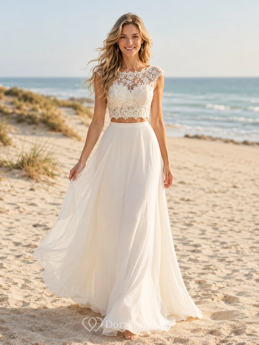Vestido de novia de dos piezas de gasa con encaje y mangas cortas, corte en A, ideal para la playa.