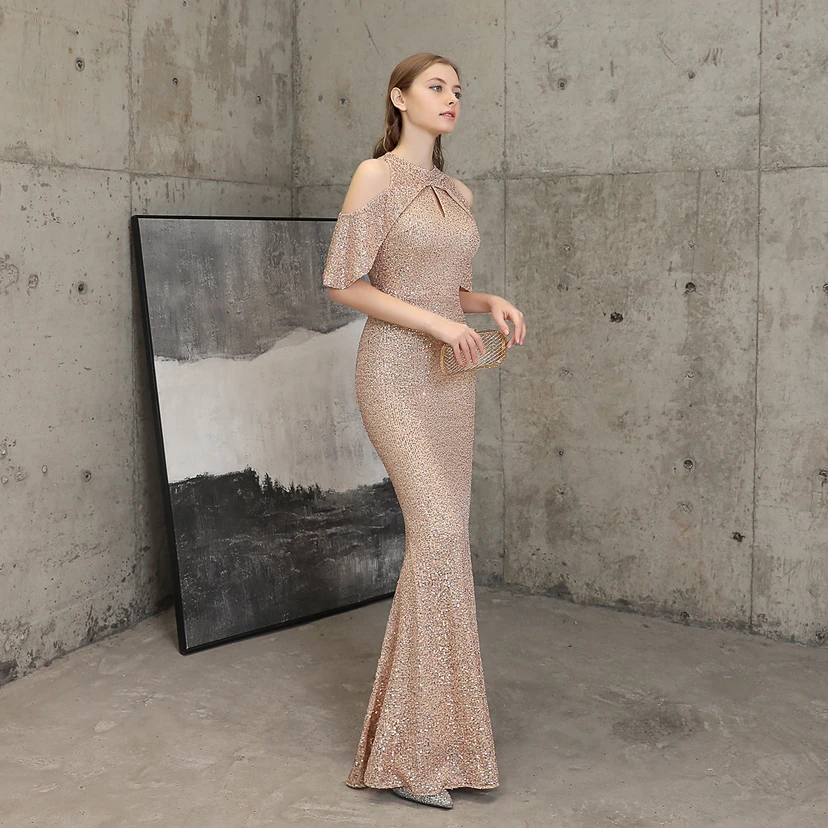 Banquet Temperament Elegant Long Short-Sleeved Sequin Aura Queen Fishtail Evening Dress view 31