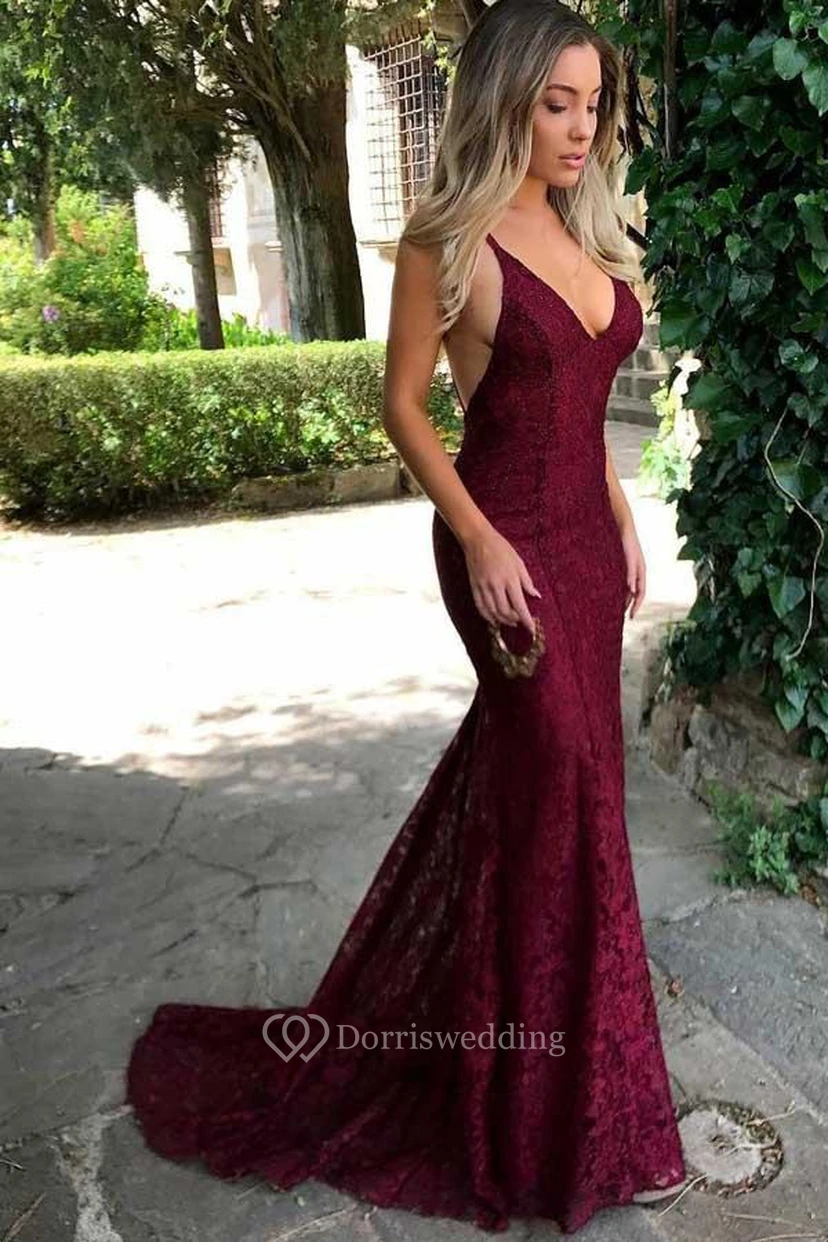 Mermaid Trumpet Lace V-neck Sleeveless Open Back Lace-up Corset Back Dress