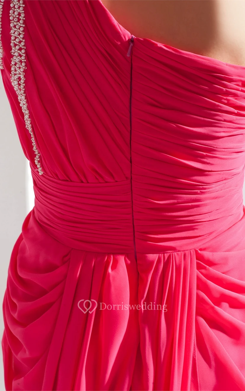 One-Shoulder Jeweled Chiffon Sweep Train and Dress With Central Ruching view 2