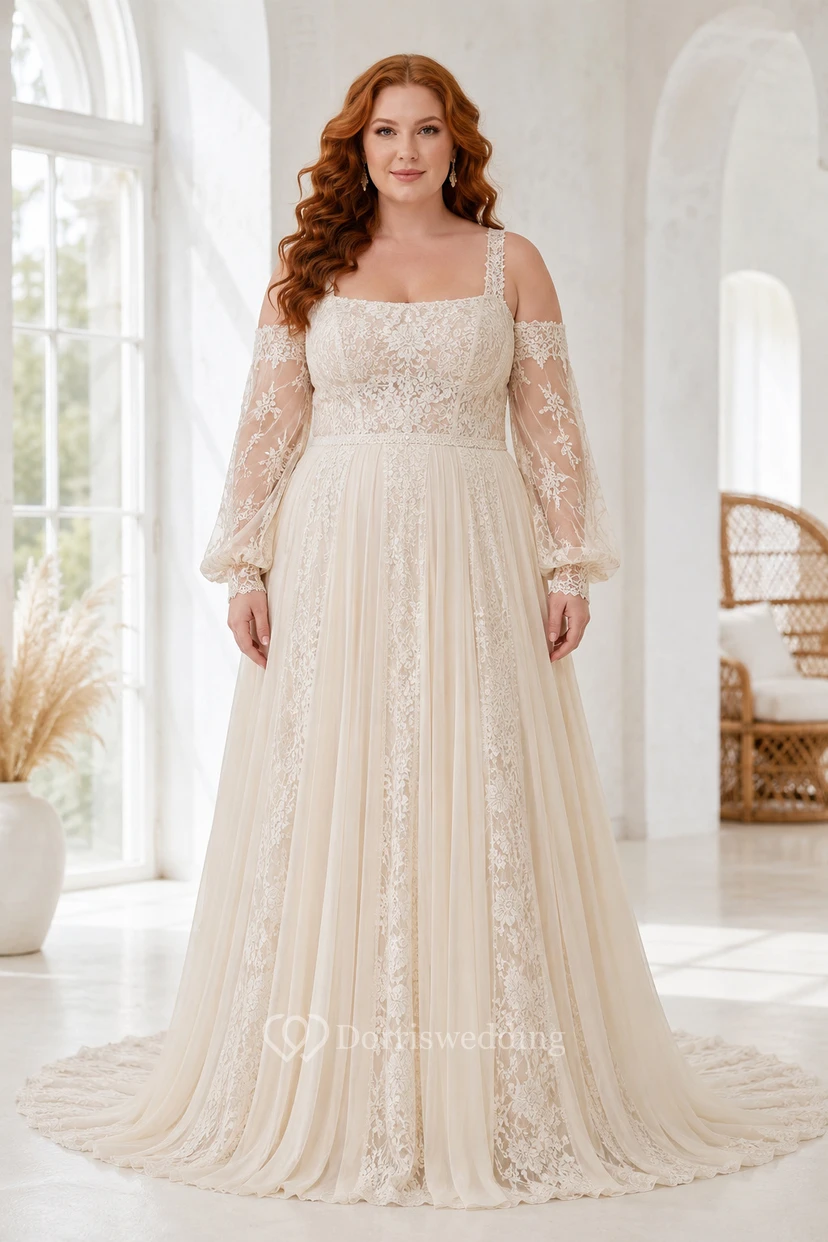 Robe de mariée grande taille ivoire à col carré, manches longues et dentelle, coupe trapèze
