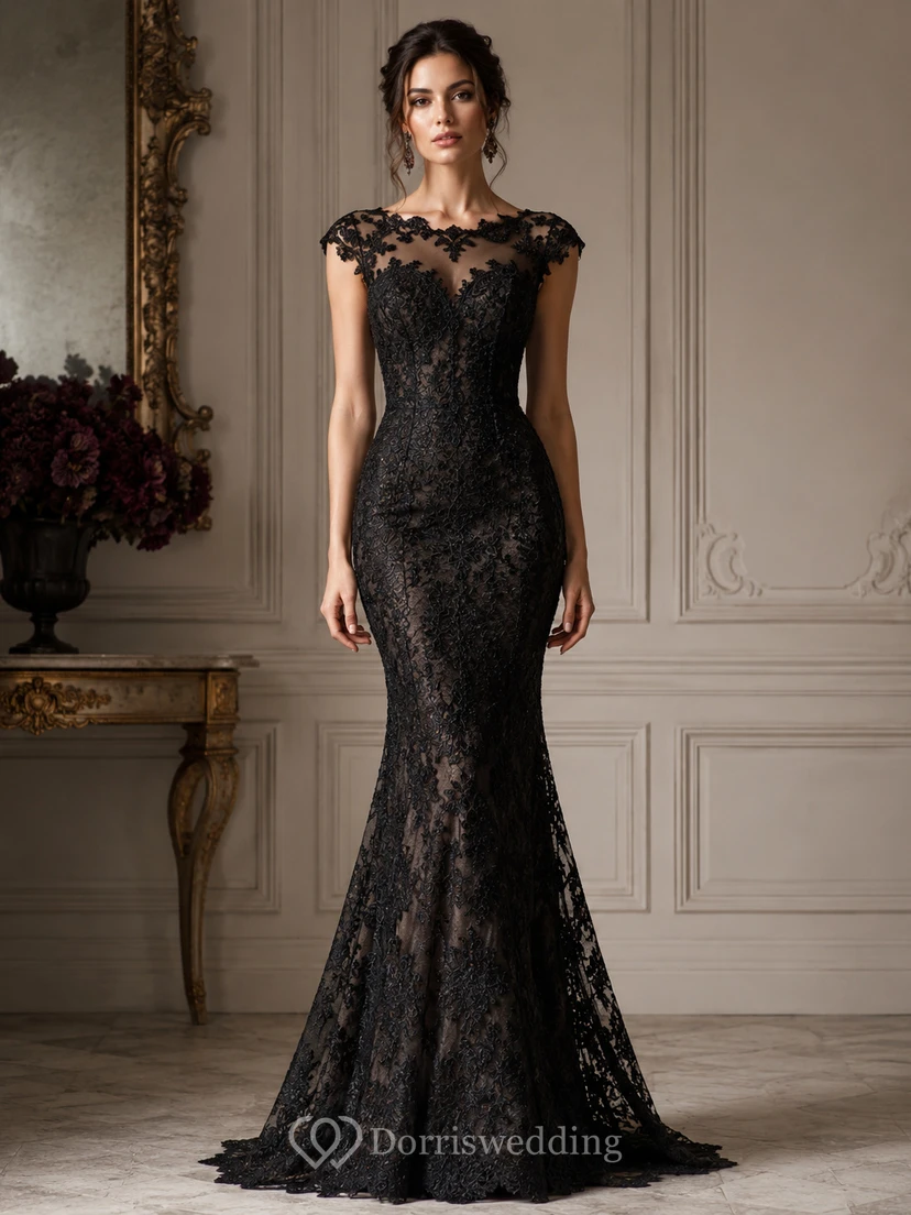 Mermaid Lace Evening Dress with High Neck, Short Sleeve and Lace Appliques, Floor Length