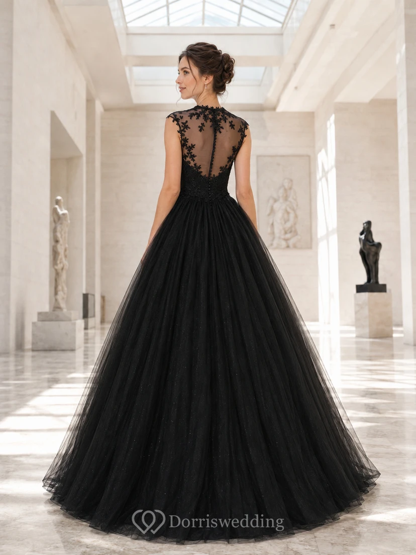 Black High Neck Illusion Tulle Ball Gown Wedding Dress view 2