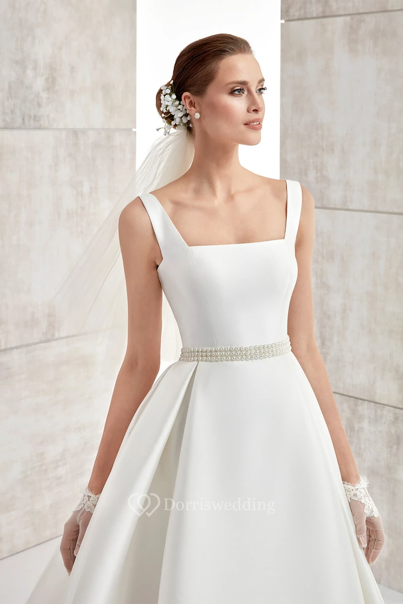 Square-Neck A-Line Satin Wedding Dress With Beaded Belt And Brush Train view 3