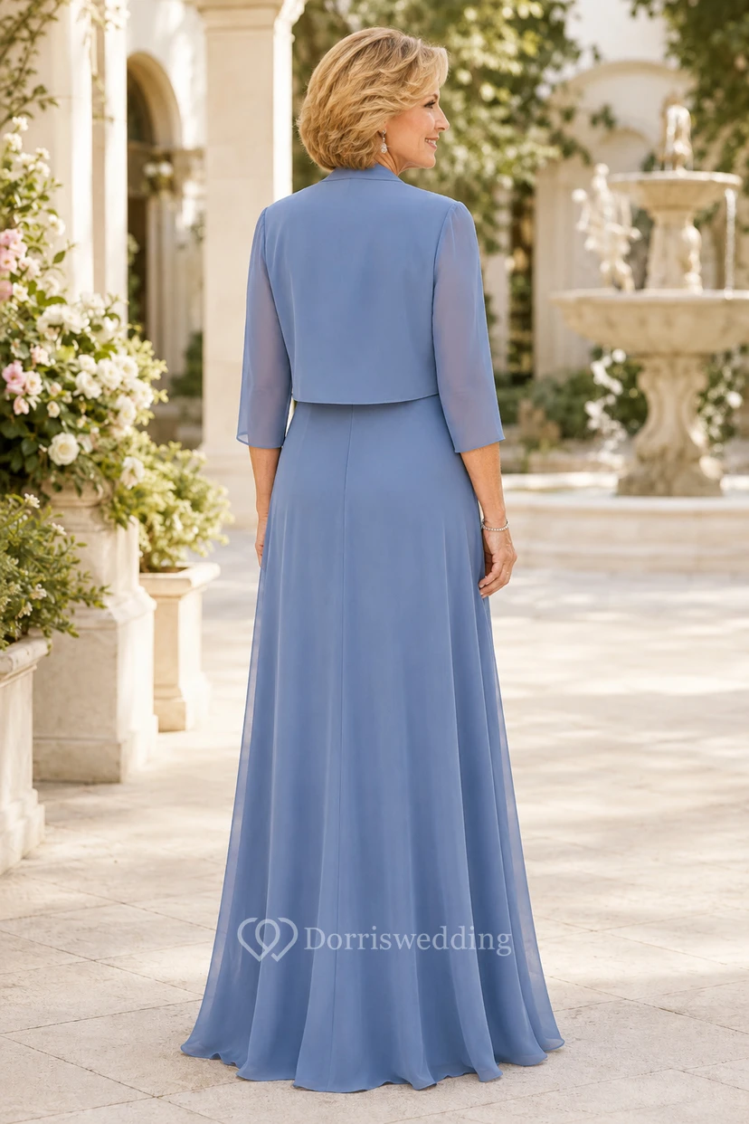 Schieferblaues Chiffon-Kleid in A-Linie mit Bolerojacke view 2
