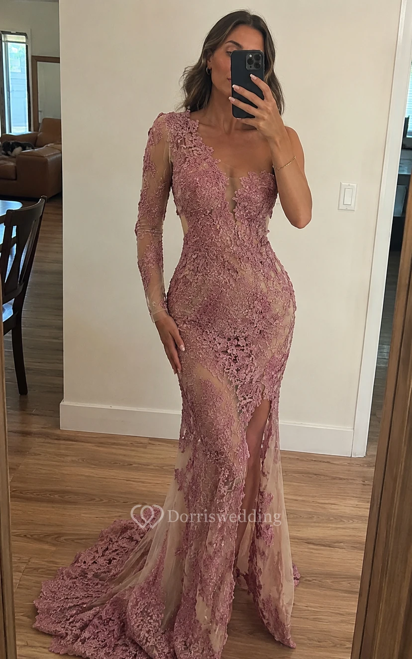 Black One-Shoulder Lace Mermaid Prom Dress with High Split view 9