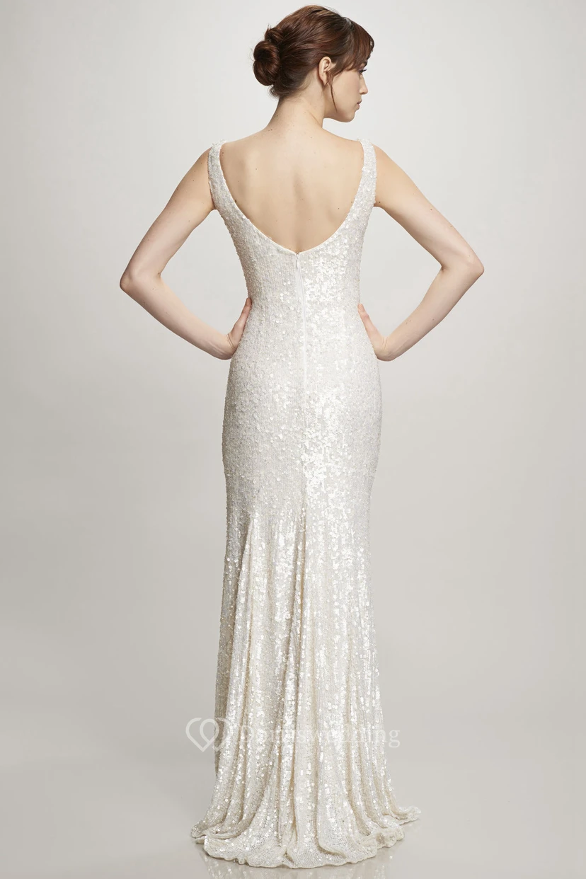 Floor-Length V-Neck Sequins Wedding Dress With Brush Train And V Back view 2