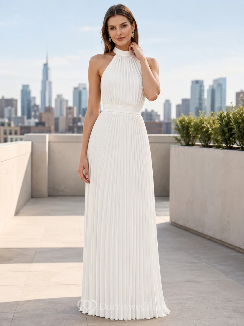 Weißes, trägerloses, hochgeschlossenes, plissiertes Chiffon-Abendkleid in A-Linie für festliche Anlässe