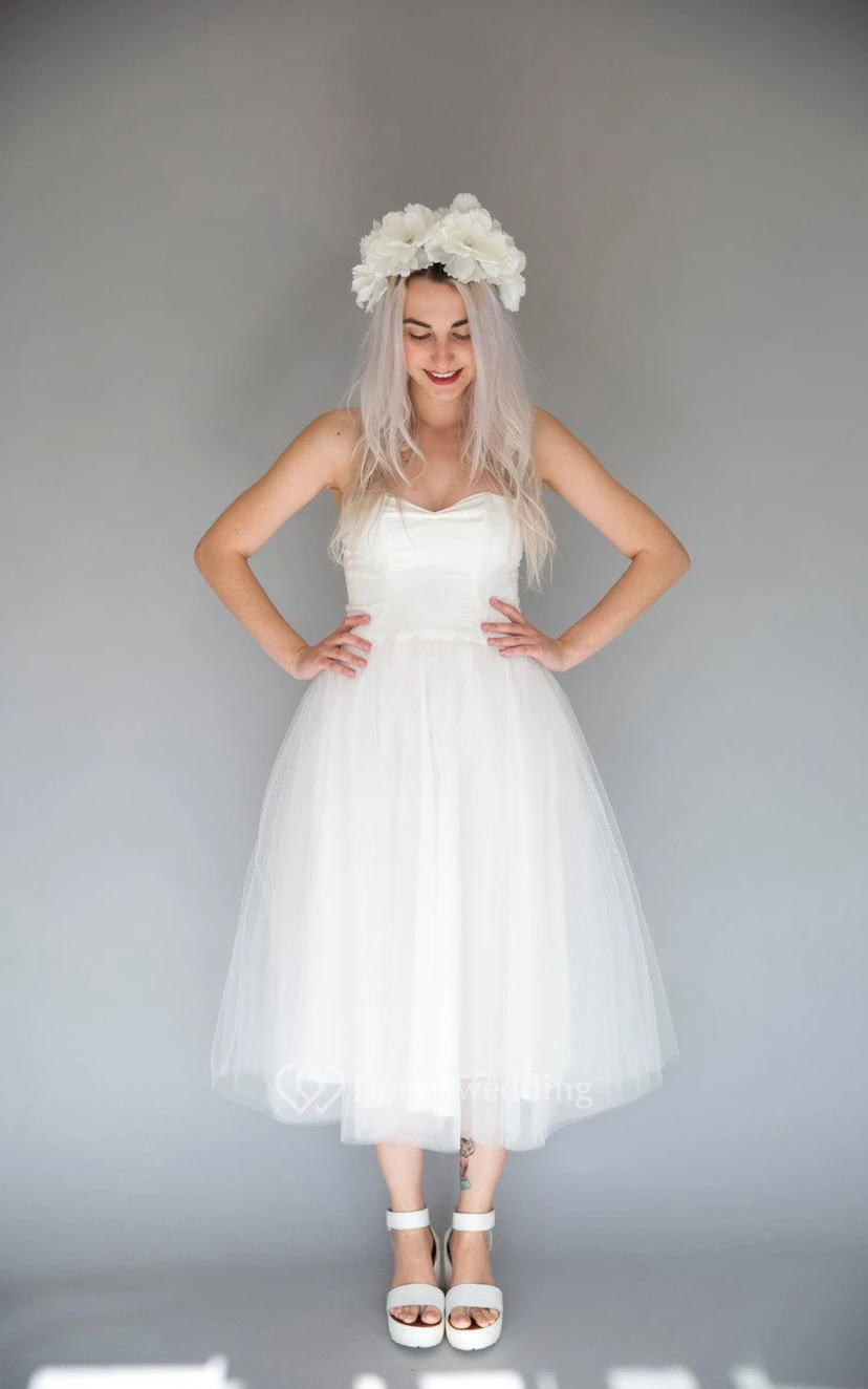 Tea Length Sweetheart A-Line Tulle Dress With Pleats view 2