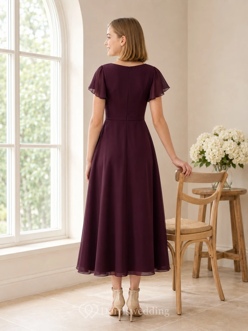 Elegantes Brautjungfernkleid in Pflaumenfarbe, A-Linie, V-Ausschnitt, kurze Ärmel, aus blütenförmigem Chiffon view 2