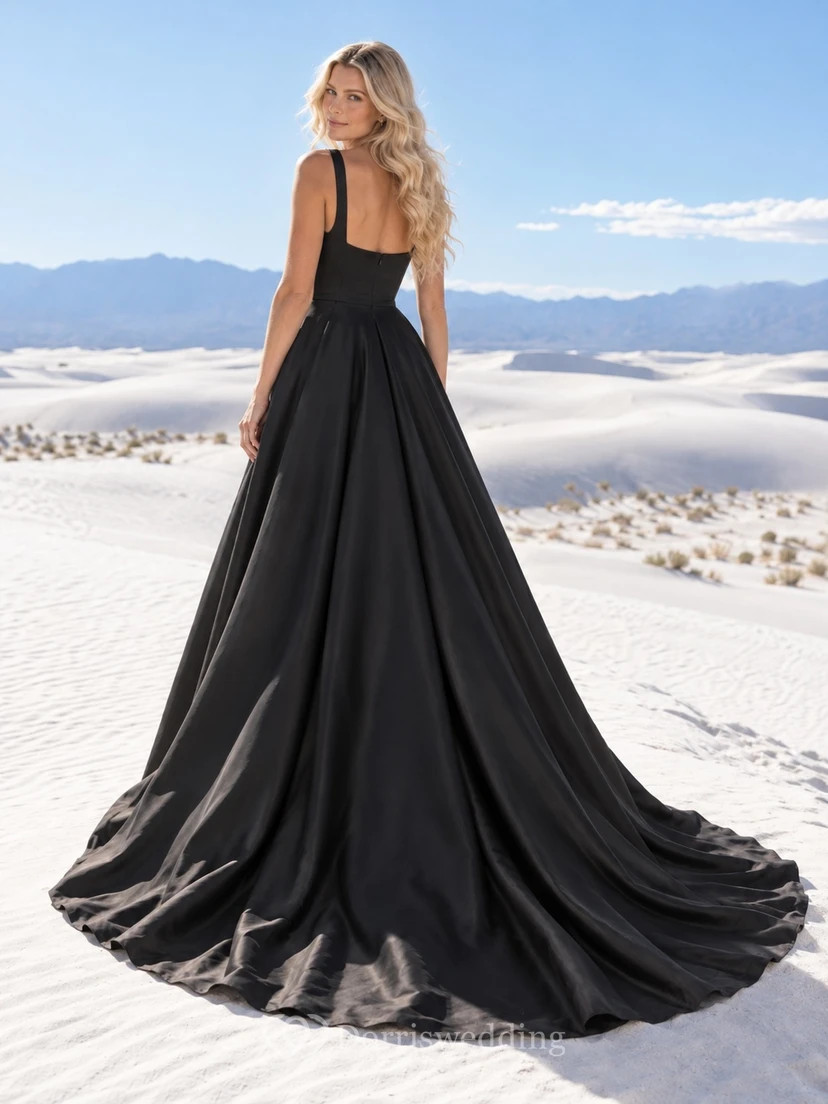 Black Square Neck Simple Sleeveless Seamed Satin Flowing Pleated Long Train Wedding Dress view 2