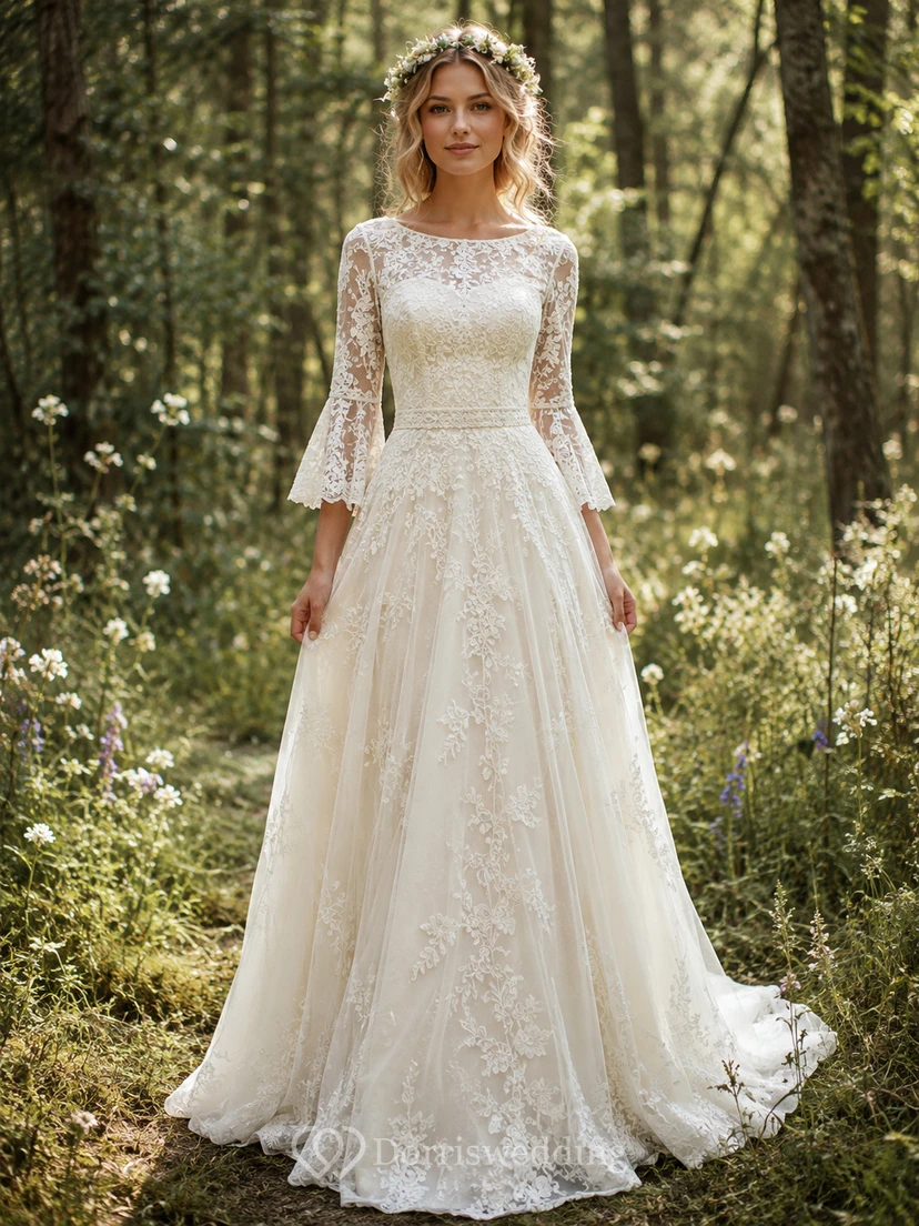Vestido de novia bohemio discreto con escote ilusión tipo barco, mangas acampanadas y cola en línea A de encaje floral.