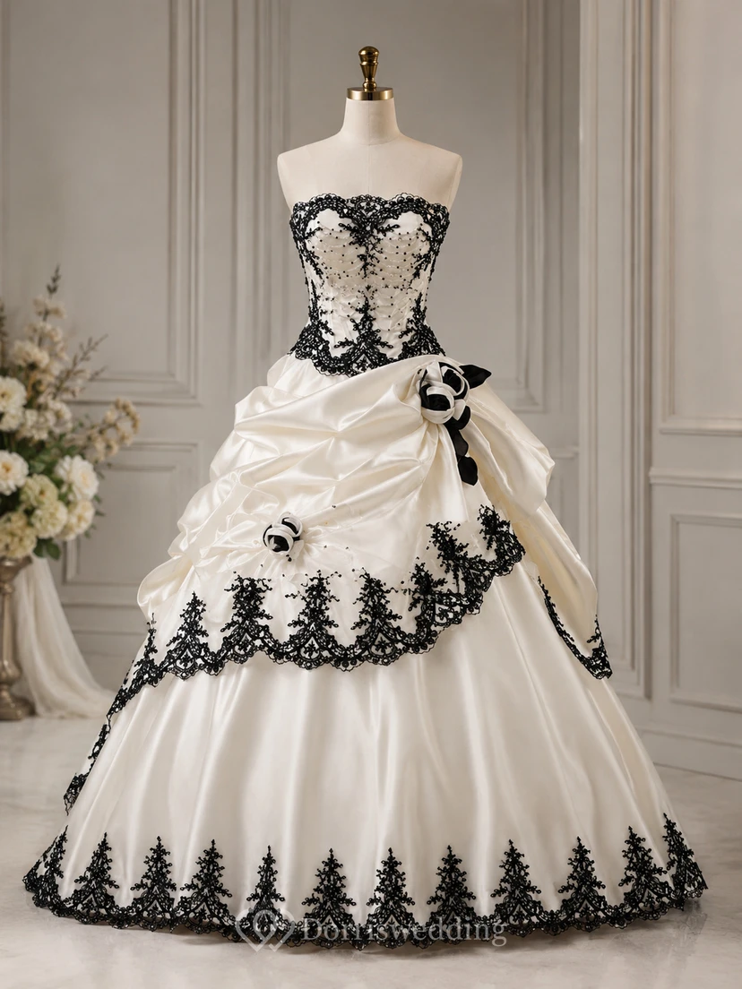 Ball Gown Taffeta Strapless Sleeveless Court Train Princess Wedding Dress with Beading Cascading Ruffles and Tiers view 7