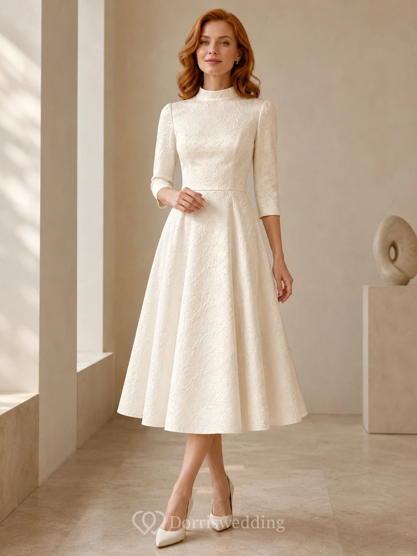 Vestido de té color marfil con cuello alto y mangas tres cuartos de encaje.