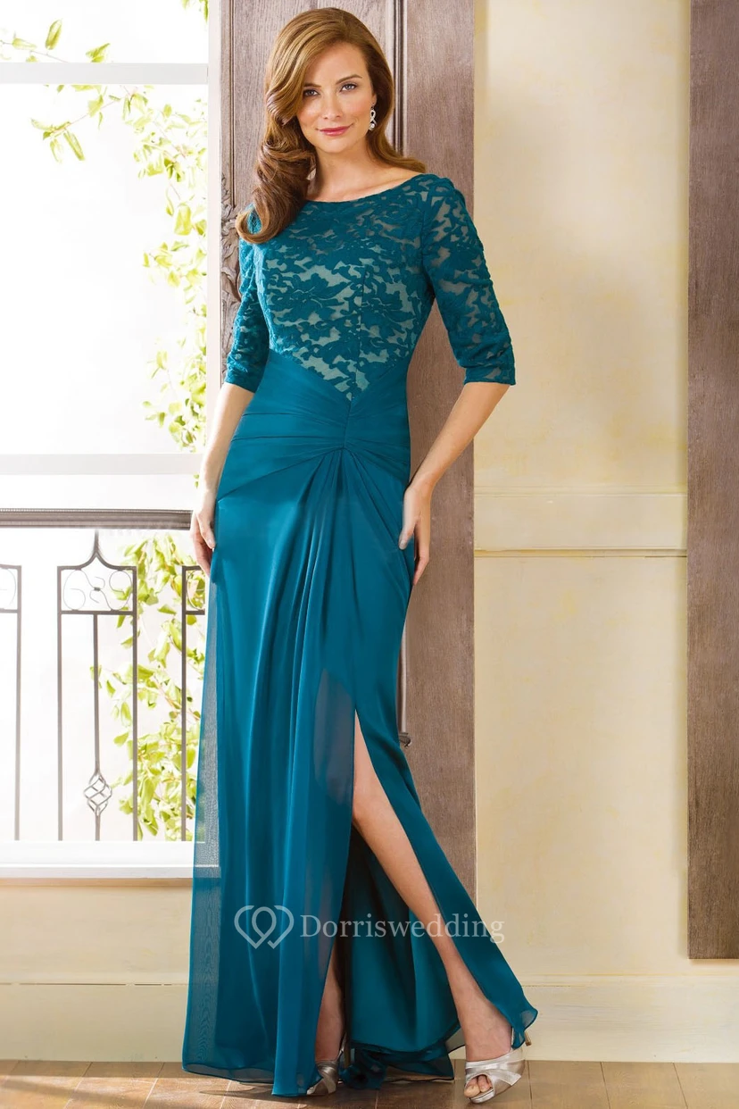 Half-Sleeved Bateau-Neck Long Gown With Side Slit And Lace