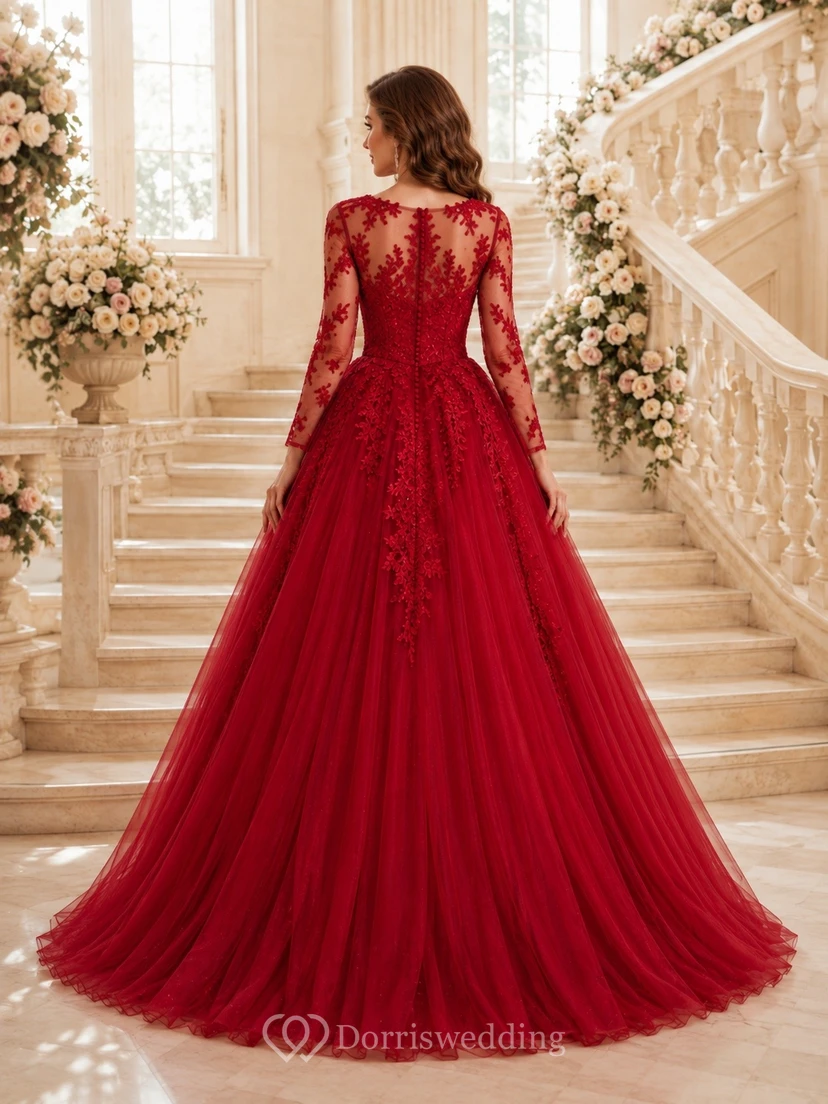 Burgundy Romantic Luxury V-Neck Long-Sleeve Tulle-Lace Tiered Ball-Gown Floor-Length Evening Dress view 2