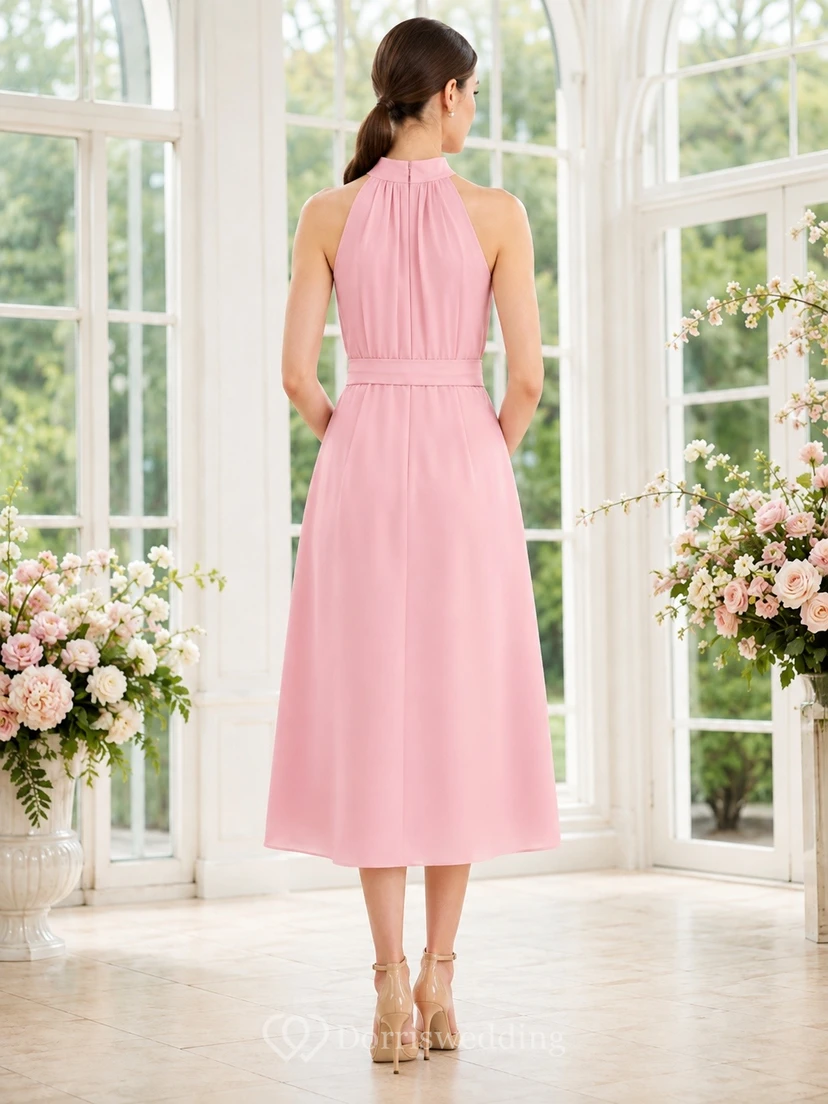 Pink High Neck Sleeveless Chiffon Simple Midi Dress view 2