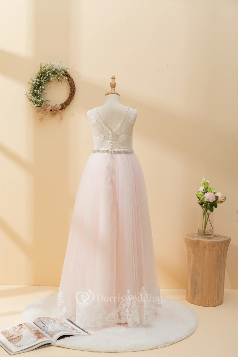 Angel Lace Scoop-neck Sleeveless Tulle Beaded Applique Flowergirl Dress view 2