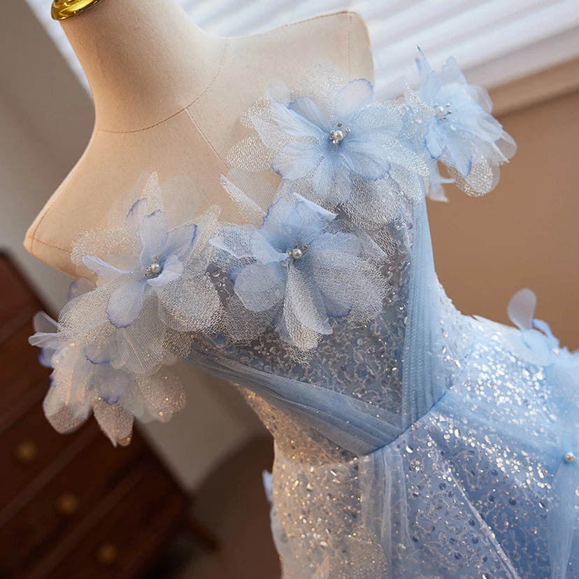 Blue Strapless Sparkling Flower Ball Gown view 12
