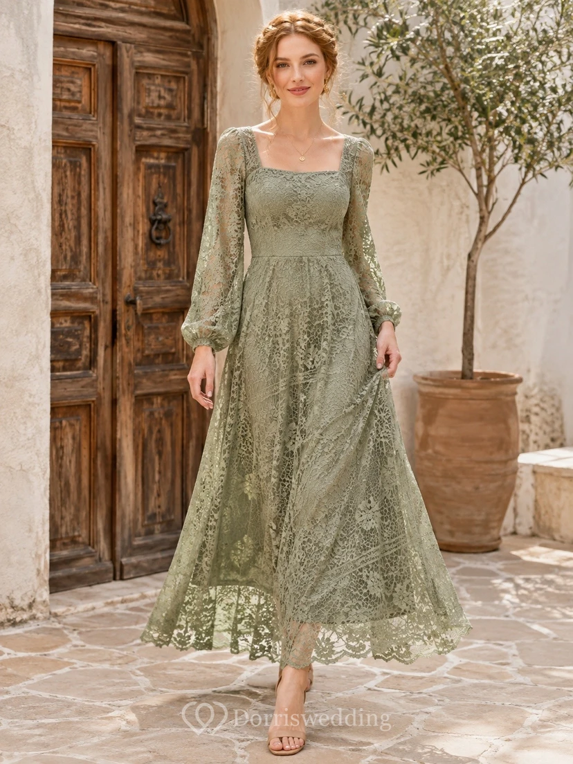 Sage Lace Square-Neck Long-Sleeve A-Line Ankle-Length Occasion Dress