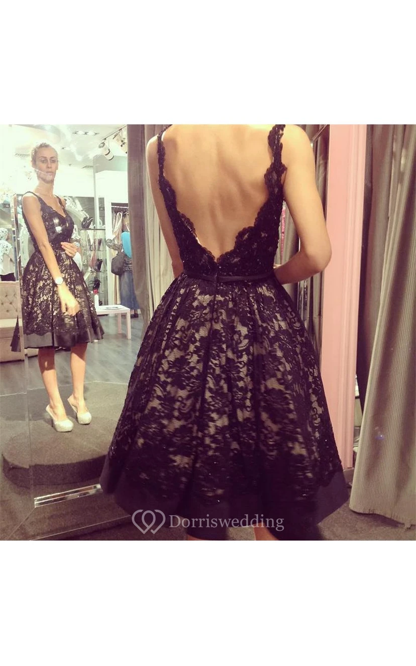 Sexy Deep V Neck Low Back Lace Knee Length Dress view 3
