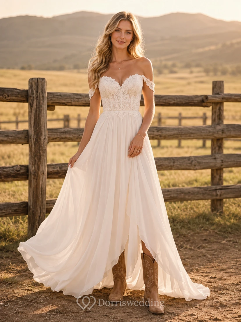 Ranch Country Simple Romantic A-Line Tulle Chiffon Wedding Dress with Off Shoulder Sweetheart Sleeveless Floor-Length Train Split Skirt Low Back