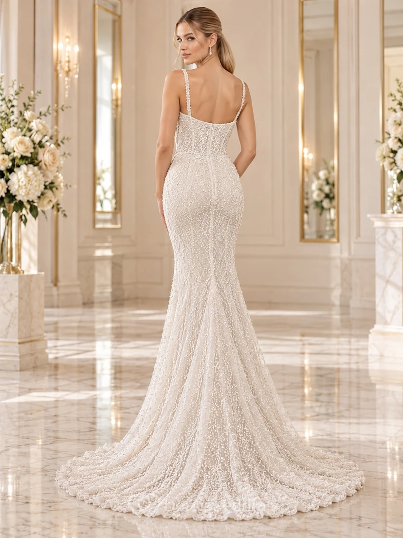 Simple Square Neck Straps Fine Lace Fitted Sheath Wedding Dress view 2