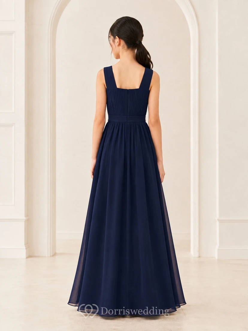 Dunkelblaues Brautjungfernkleid für junge Mädchen, A-Linie, ärmellos, Chiffon-Oberteil mit Falten, elegant view 2