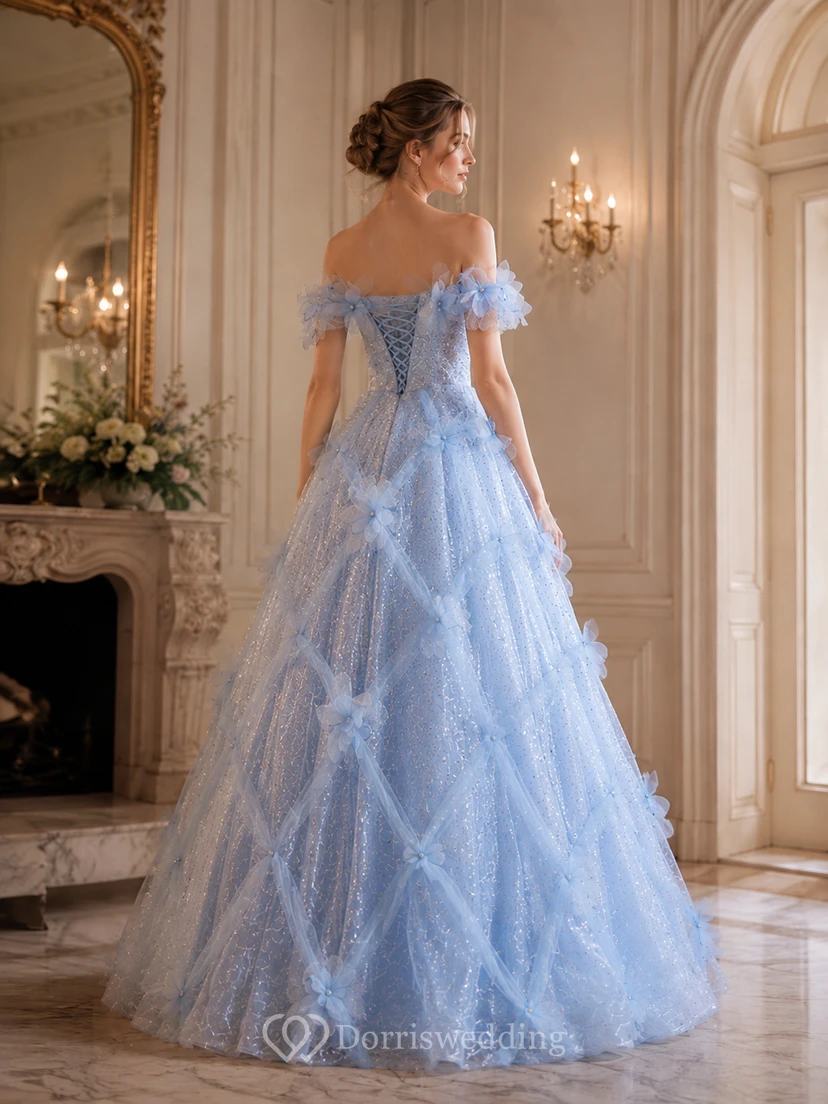 Blue Strapless Sparkling Flower Ball Gown view 2