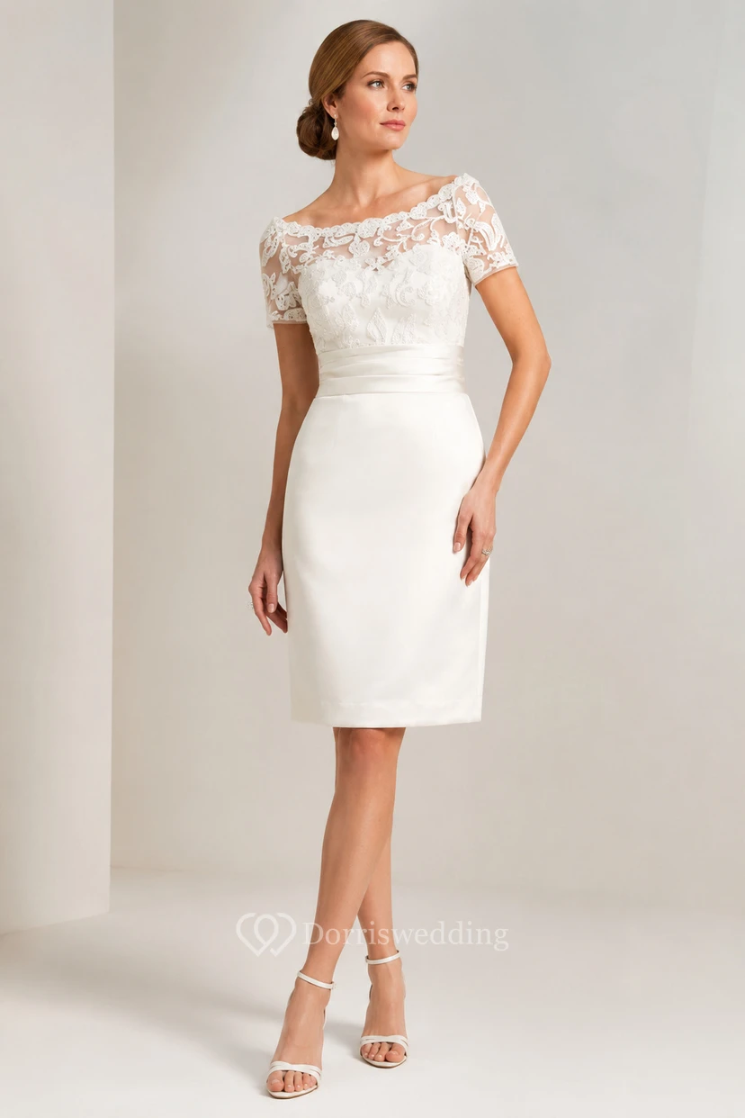 Short-Sleeved Knee-Length Mother Of The Bride Dress With Sequins And Illusion Style view 5