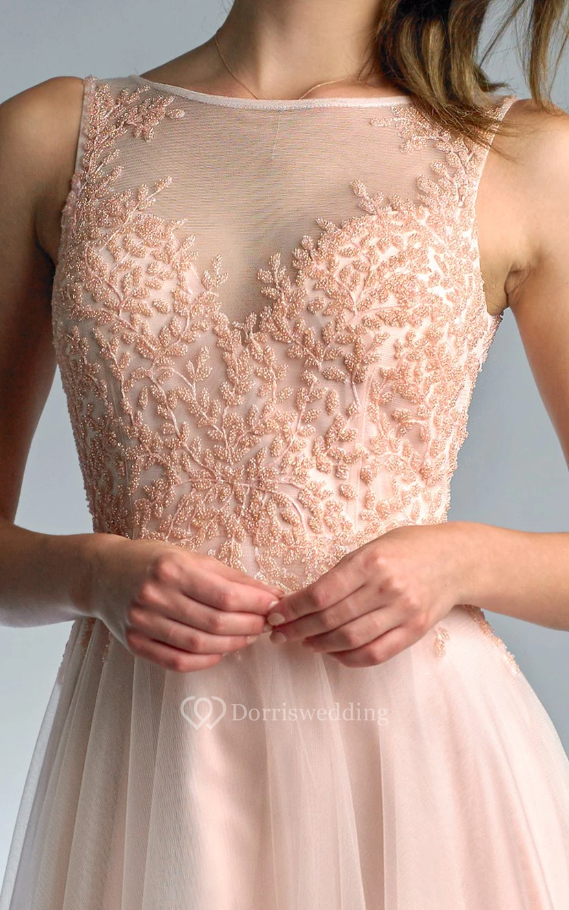 A-line Floor-length High Neck Sleeveless Tulle Low-V Back Dress view 4