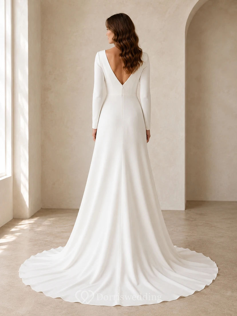 Minimalist Satin Wedding Dress A-Line V-Neck Long Sleeve Court Train Bridal Gown view 2