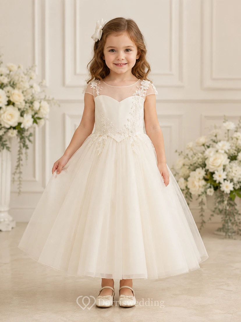 Romantic Sweetheart Lace Tulle Flower Girl Tea-Length Cap Sleeve Bow Dress