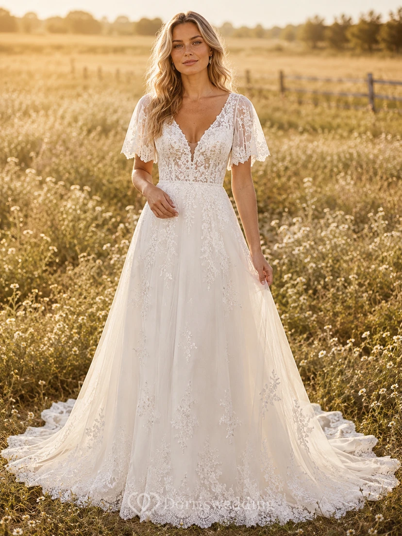 Country Tulle Wedding Dress A-Line V-Neck Flutter Sleeve Chapel Train Low V Back Bridal Gown