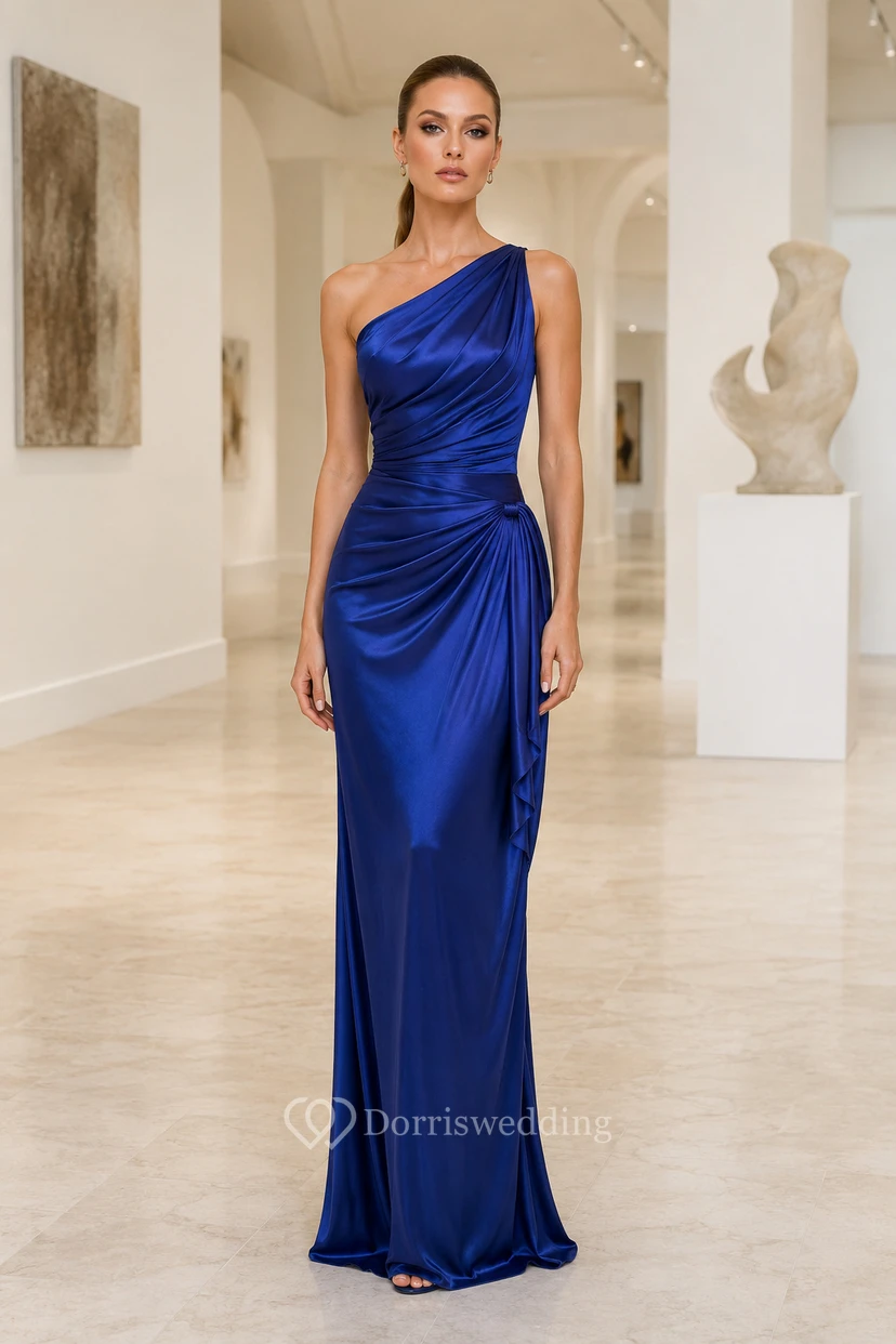 Royal Blue One-Shoulder Satin Sheath Formal Dress