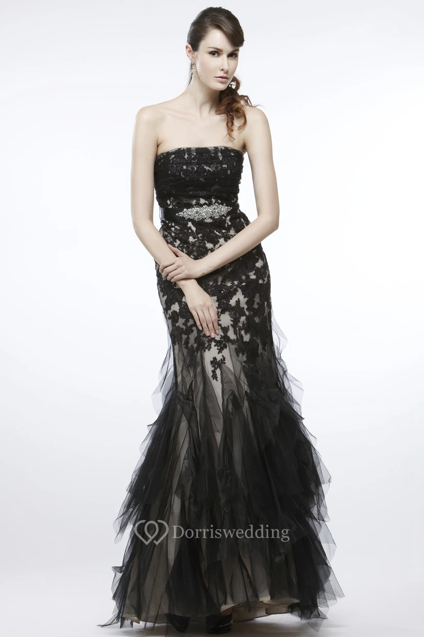Mermaid Maxi Sleeveless Strapless Appliqued Tulle Prom Dress With Waist Jewellery And Cascading Ruffles