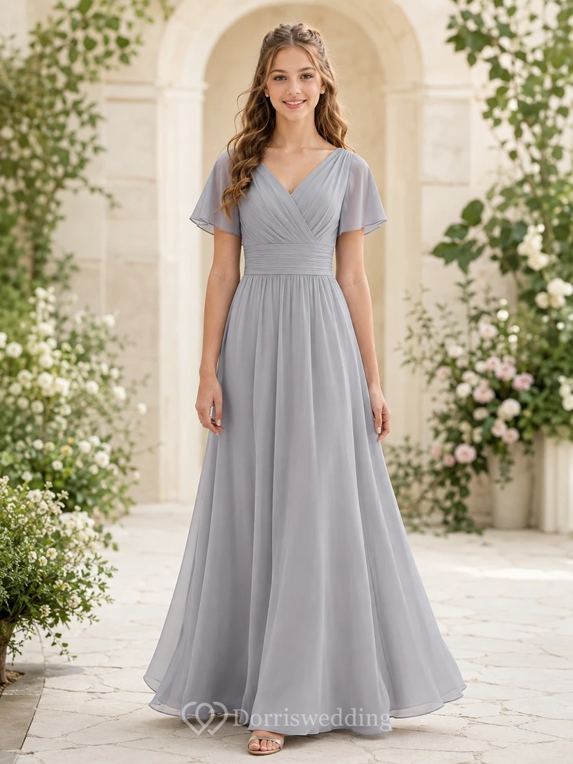Vestido de dama de honor juvenil gris acero, corte en A, escote en V, manga corta, fruncido, elegante.