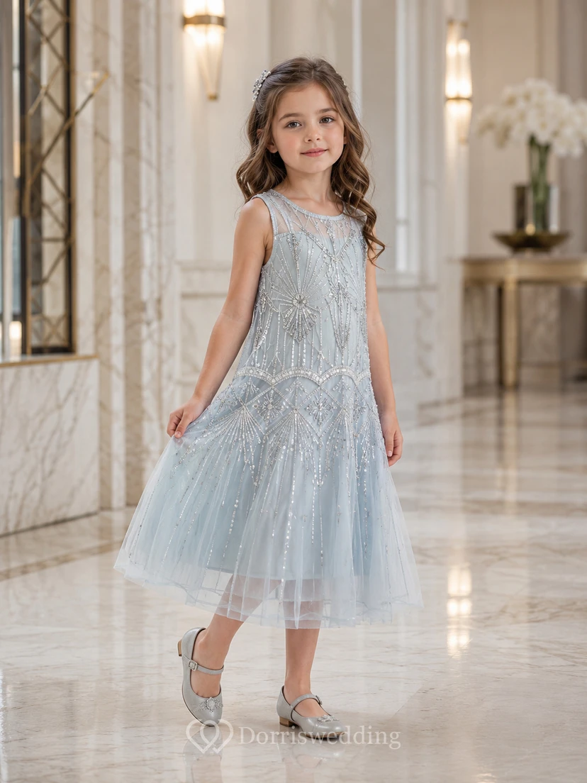 A-Line 1920s Inspired Beaded Flower Girl Dress with Strapped Bodice, Beaded Tulle, Sequined Skirt, Tea-Length Hem, Deco Evening Style