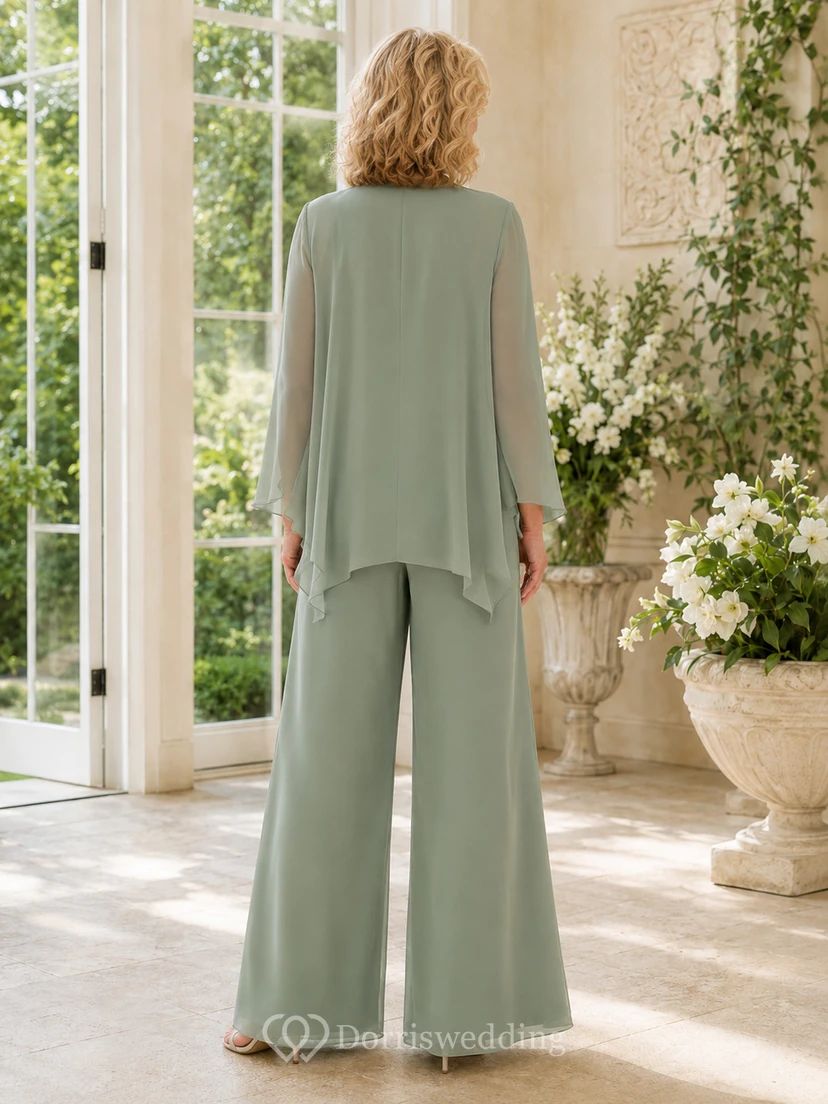 Mother Sage Chiffon Pantsuit with V-Neck Draped Jacket and Wide Leg Pants view 2