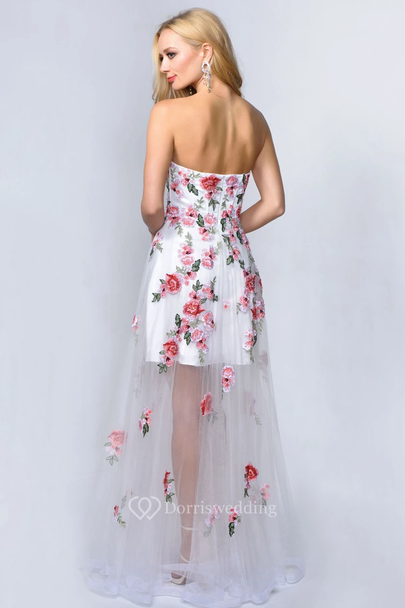 A-Line Strapless Sleeveless Tulle Backless Dress With Appliques And Flower view 2