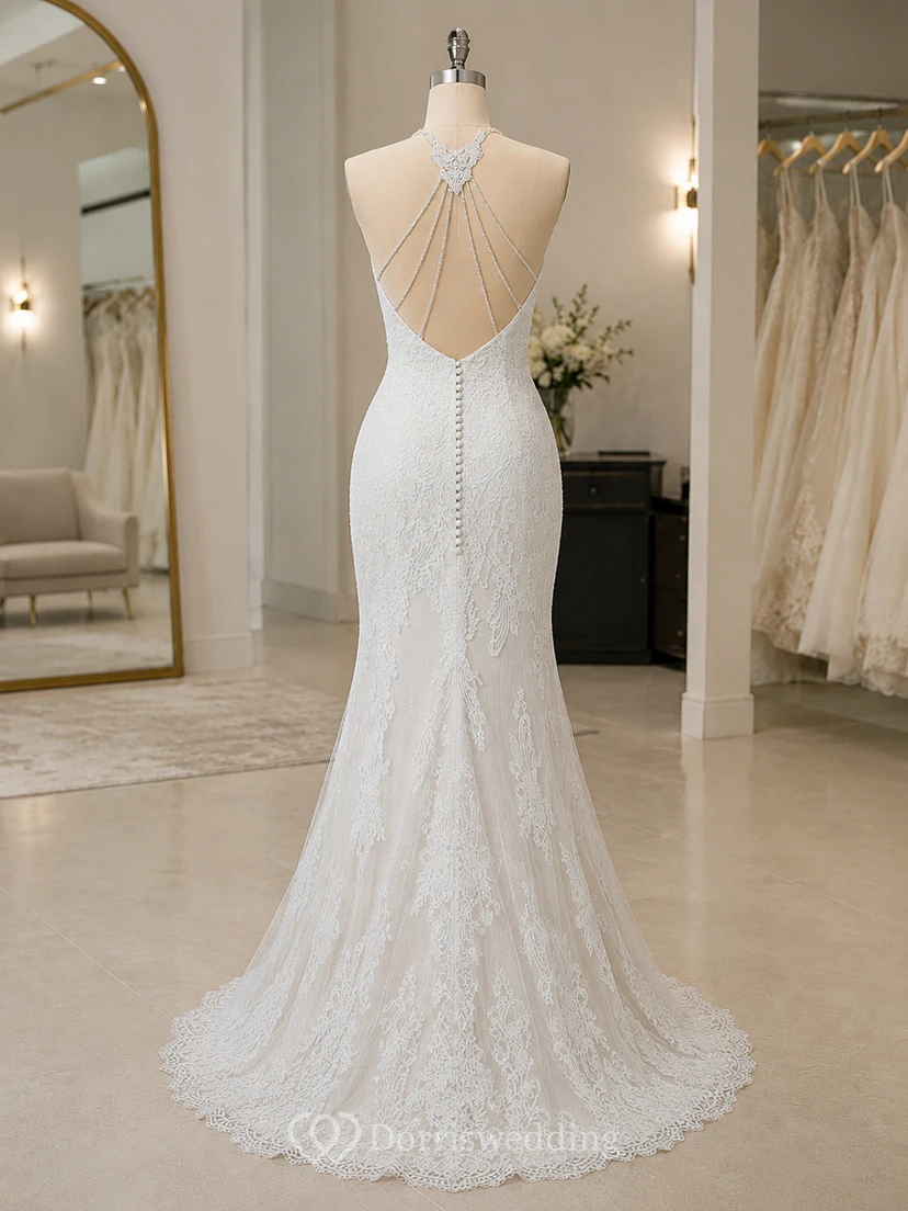 Vestido de novia de sirena sin mangas con cuello alto, escote ilusión y apliques. view 8